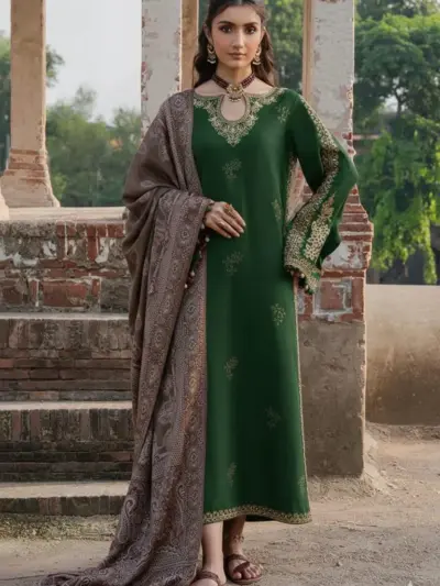 Green Embroidered 3 Piece Unstitched Lawn Suit for Women with Diamond Dupatta