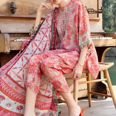 Pink Printed Lawn Suit with Digital Print Chiffon Dupatta