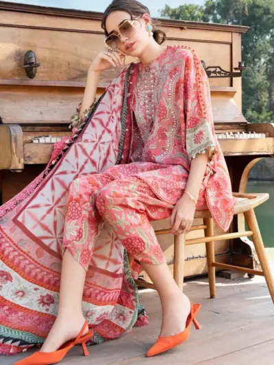 Pink Printed Lawn Suit with Digital Print Chiffon Dupatta