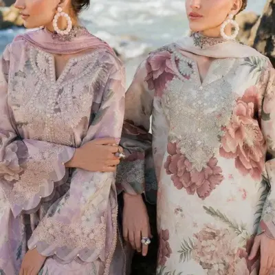 Women’s 3 Pcs Lawn Floral Gown Set Multicolor Digital Print Unstitched Suit