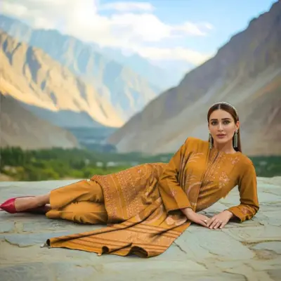 Golden Embroidered 3 Pcs Eid Unstitched Suit with Jacquard Dupatta