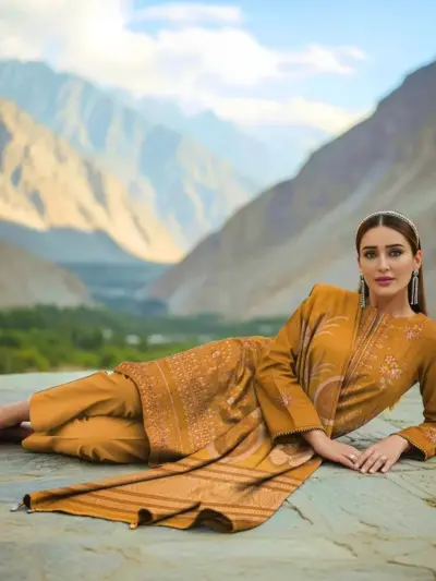 Golden Embroidered 3 Pcs Eid Unstitched Suit with Jacquard Dupatta
