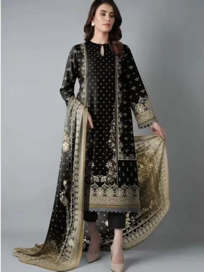 Black Printed Dobby Lawn 3 Pcs Unstitched Kurta Set with Dupatta