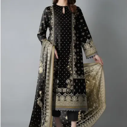 Black Printed Dobby Lawn 3 Pcs Unstitched Kurta Set with Dupatta