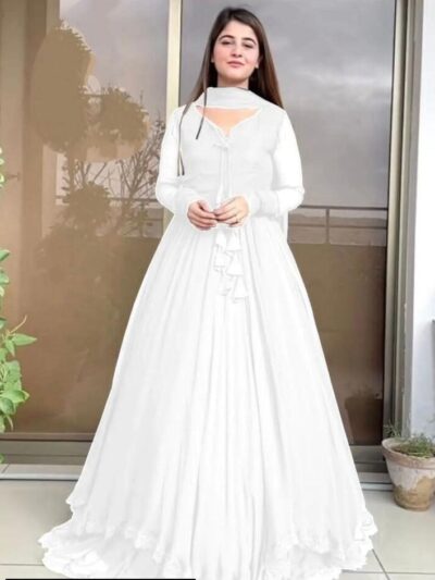 3 Piece Women's Stitched Chiffon Maxi Suit with Trouser & Dupatta – Plain Round Neck Pakistani Wear
