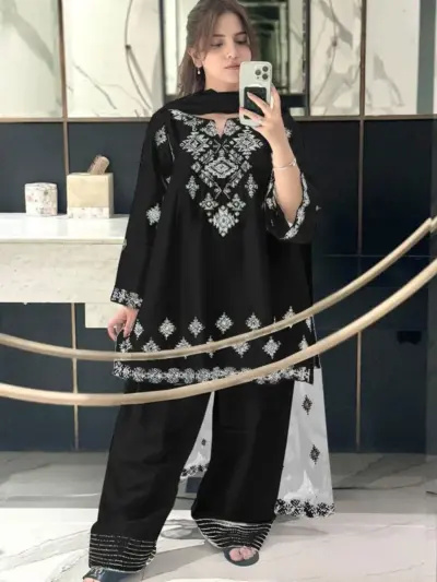 Black Embroidered 3 Piece Kurta Set with Organza Lace Dupatta – Cotton Women's Suit