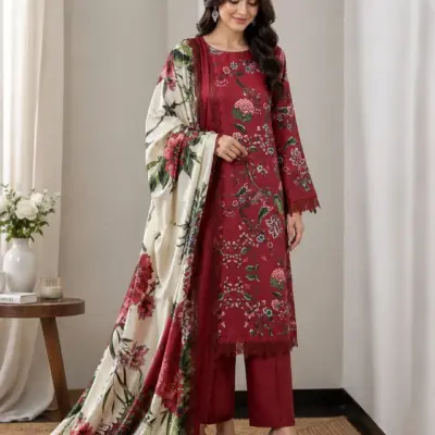 Women Red Digital Print 3 Piece Lawn Suit with Paper Silk Dupatta