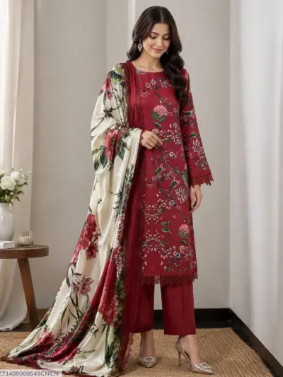 Women Red Digital Print 3 Piece Lawn Suit with Paper Silk Dupatta