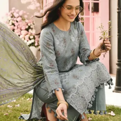 Grey Printed Dobby Lawn 3 Piece Unstitched Suit for Women with Embroidered Front