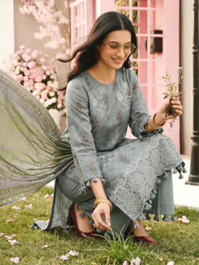 Grey Printed Dobby Lawn 3 Piece Unstitched Suit for Women with Embroidered Front