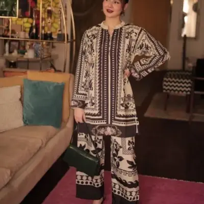 HANIA AMIR Full Printed Swiss Lawn 2 Piece Cord Set for Women – Black