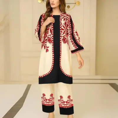 Digital Printed 2 Piece Cord Set for Women – Maroon Crepe Lawn Kurta Set