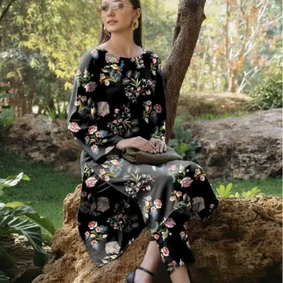 Black Printed Dobby Lawn 3 Piece Shirt Trouser Unstitched Suit Set