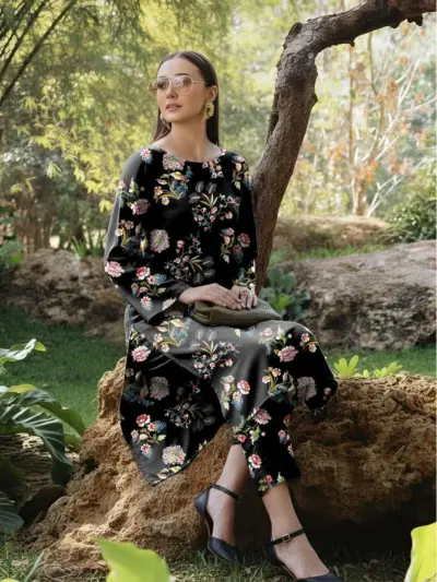 Black Printed Dobby Lawn 3 Piece Shirt Trouser Unstitched Suit Set