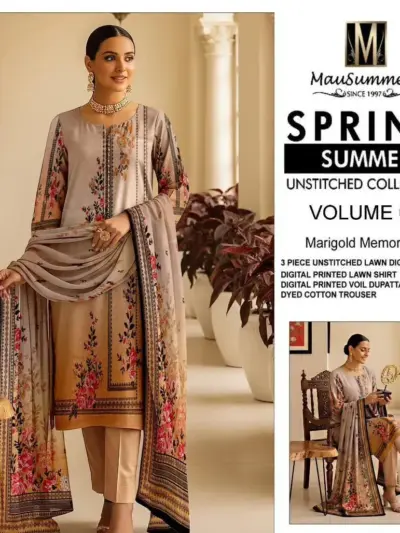 Peach Floral Printed Unstitched Lawn Suit 3 Piece Set with Printed Dupatta – Eid Summer Collection