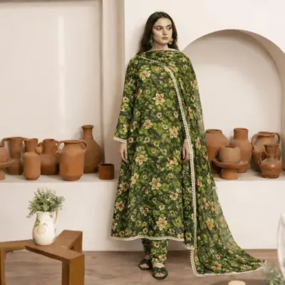 Green Digital Print Lawn 3 Piece Unstitched Suit with Swiss Lawn Dupatta