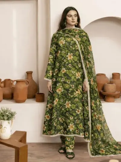 Green Digital Print Lawn 3 Piece Unstitched Suit with Swiss Lawn Dupatta