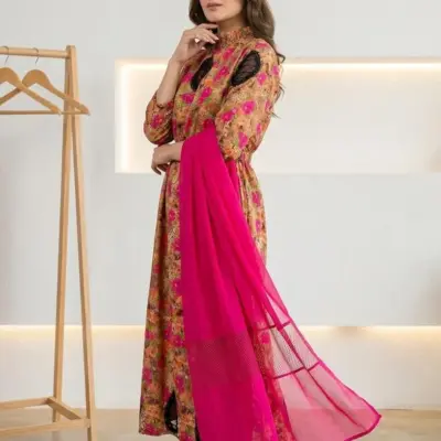 Multicolor Digital Print Lawn 3 Piece Women's Suit with Chiffon Dupatta