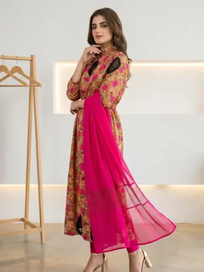 Multicolor Digital Print Lawn 3 Piece Women's Suit with Chiffon Dupatta