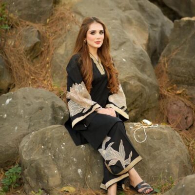 Black Linen 2 Piece Embroidered Women Suit – Shirt & Trouser Set