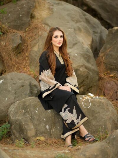 Black Linen 2 Piece Embroidered Women Suit – Shirt & Trouser Set