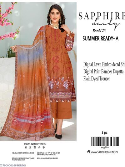 Orange Digital Lawn Embroidered 3 Piece Unstitched Suit with Bamber Dupatta – Eid Collection
