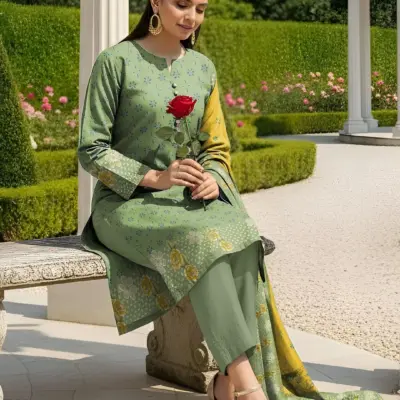 Green Printed 3 Piece Dobby Lawn Suit for Women Unstitched