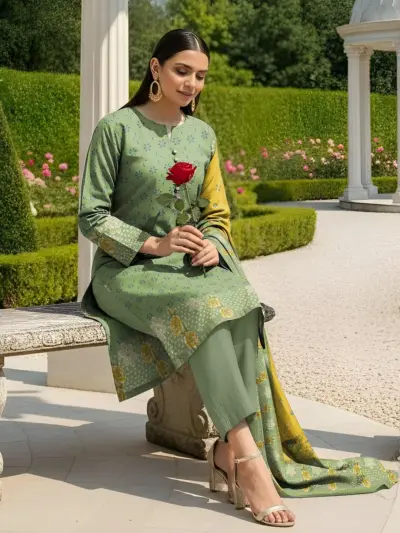 Green Printed 3 Piece Dobby Lawn Suit for Women Unstitched