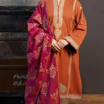 Unstitched 3 Piece Lawn Suit Orange Magenta Floral Embroidered Women Dress