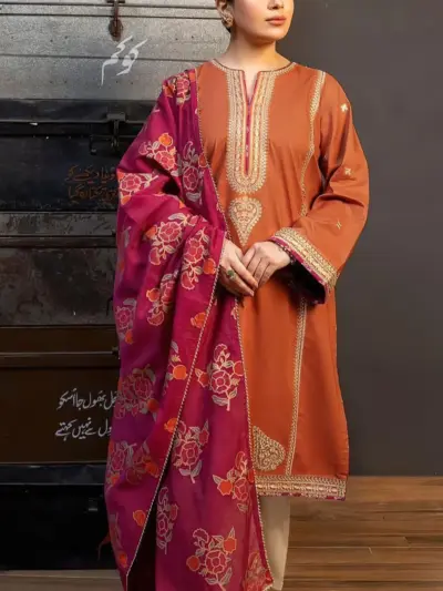 Unstitched 3 Piece Lawn Suit Orange Magenta Floral Embroidered Women Dress