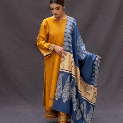 Unstitched 3 Piece Dhanak Wool Suit Mustard Blue Embroidered Winter Dress for Women