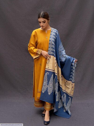 Unstitched 3 Piece Dhanak Wool Suit Mustard Blue Embroidered Winter Dress for Women