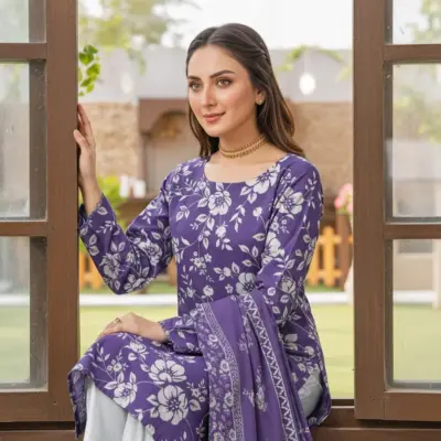 Purple Digital Print Lawn 3 Piece Unstitched Suit Set with Lawn Dupatta & Trouser