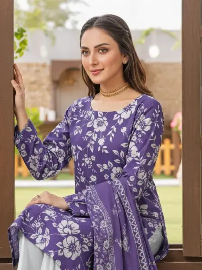 Purple Digital Print Lawn 3 Piece Unstitched Suit Set with Lawn Dupatta & Trouser