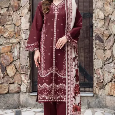 Maroon Embroidered 3 Piece Lawn Suit with Digital Printed Diamond Dupatta