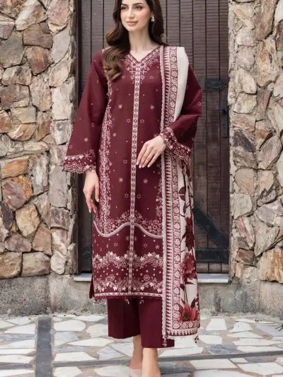 Maroon Embroidered 3 Piece Lawn Suit with Digital Printed Diamond Dupatta