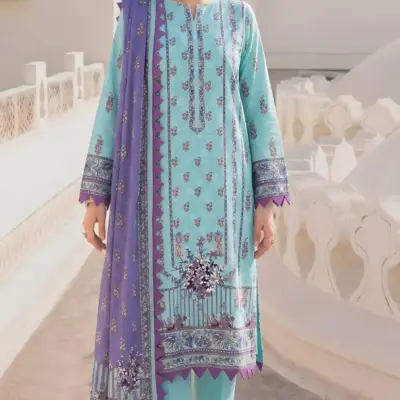 Blue Printed Lawn 3 Piece Suit for Women with Dobby Lawn Dupatta