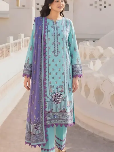 Blue Printed Lawn 3 Piece Suit for Women with Dobby Lawn Dupatta
