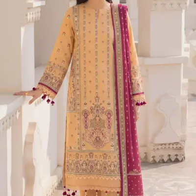 Orange Printed Lawn 3 Piece Suit for Women with Dobby Lawn Dupatta