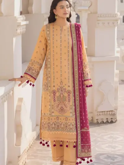 Orange Printed Lawn 3 Piece Suit for Women with Dobby Lawn Dupatta