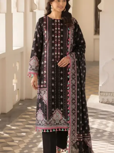 Black Printed Lawn 3 Piece Suit for Women with Dobby Lawn Dupatta