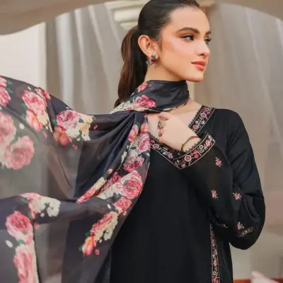 Black Embroidered Lawn 3 Piece Suit with Digital Print Diamond Dupatta