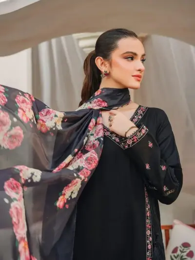 Black Embroidered Lawn 3 Piece Suit with Digital Print Diamond Dupatta