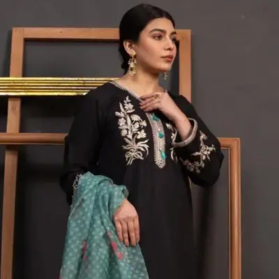 Black Embroidered Lawn 3 Piece Suit with Diamond Dupatta