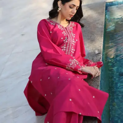 Women's Embroidered Pink Lawn Suit – 2 Piece Unstitched Cotton Lawn Dress for Weddings & Eid