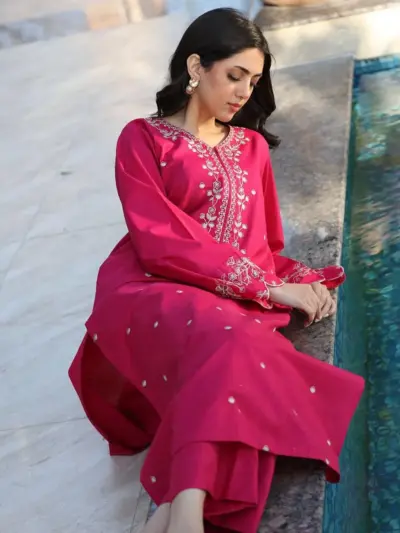 Women's Embroidered Pink Lawn Suit – 2 Piece Unstitched Cotton Lawn Dress for Weddings & Eid