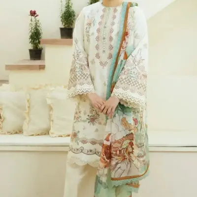 3 Pcs Embroidered Lawn Suit with Digital Print Grip Silk Dupatta – Off White