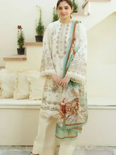 3 Pcs Embroidered Lawn Suit with Digital Print Grip Silk Dupatta – Off White