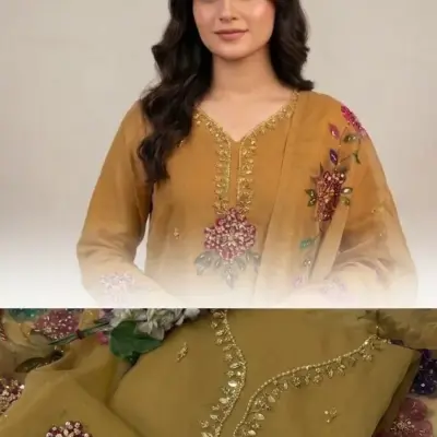Fancy Collection Women's Organza 2 Piece Suit with Golden Hand Embroidered Beaded Dupatta