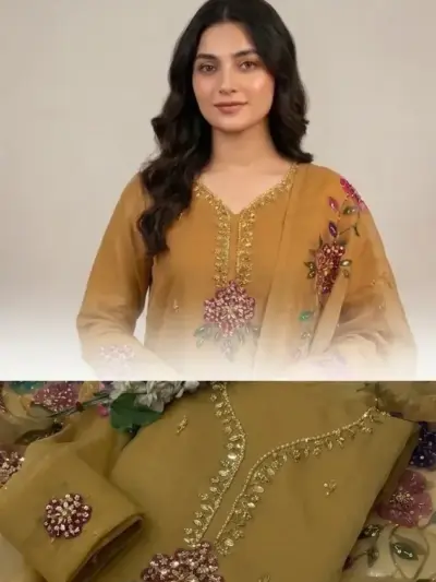 Fancy Collection Women's Organza 2 Piece Suit with Golden Hand Embroidered Beaded Dupatta